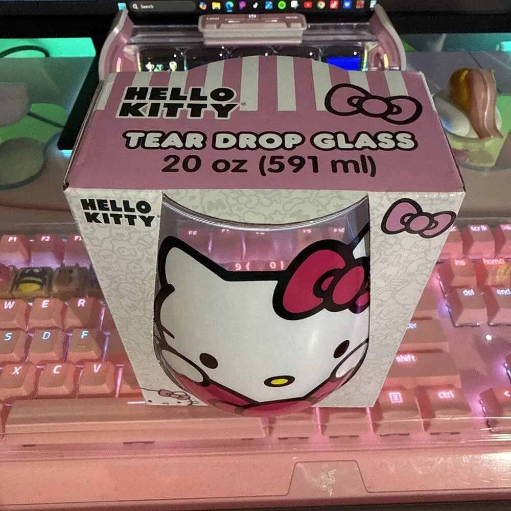 Hello Kitty Stemless Glass 20oz Clear Cup 2023 Pink Bow Sanrio Tear Drop